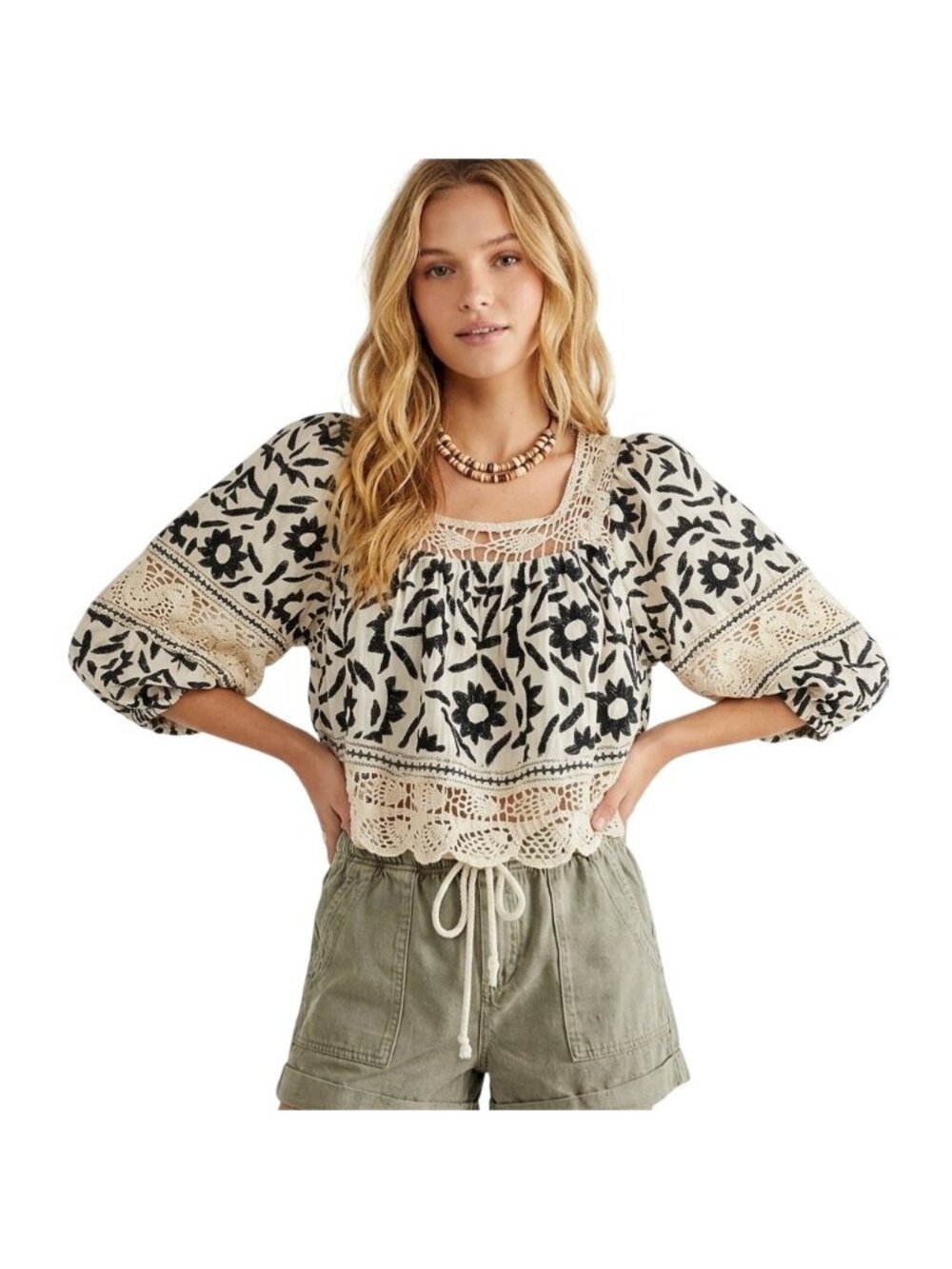 Christian Siriano Linen Peasant Blouse M Puff Sleeve Crochet Lace Floral Boho